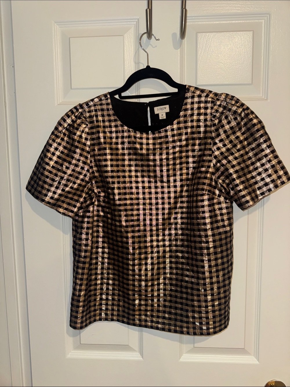 J. Crew Metallic Gingham Short Sleeve Top - Black & Gold